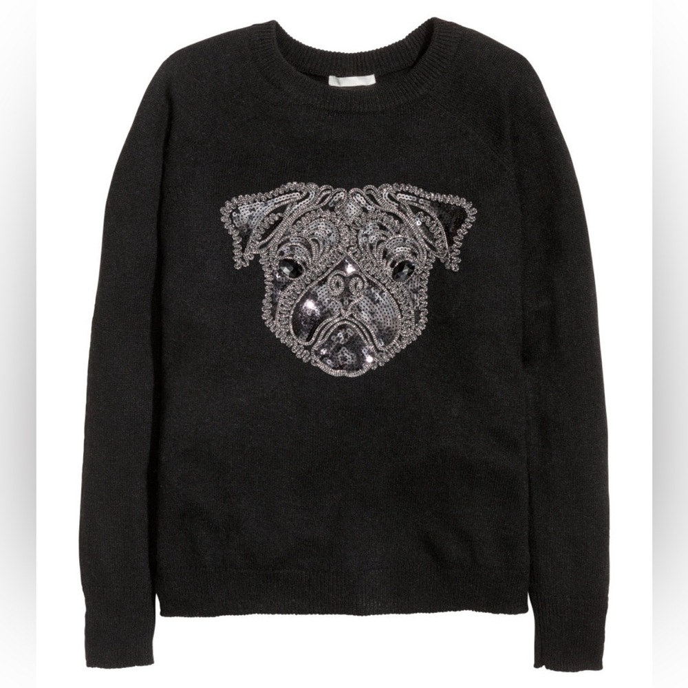 H&M Pug Sequin Alpaca Blend Black Crew Neck Black Sweater Size S